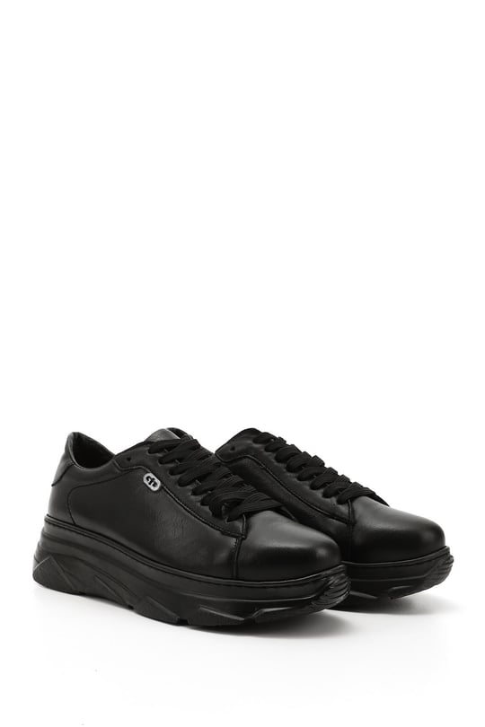 Kadın Siyah Bağcıklı Dolgu Taban Hakiki Deri Sneaker