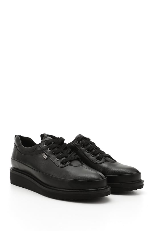 Women's Black Lace-Up Wedge Sole Genuine Leather Shoes
