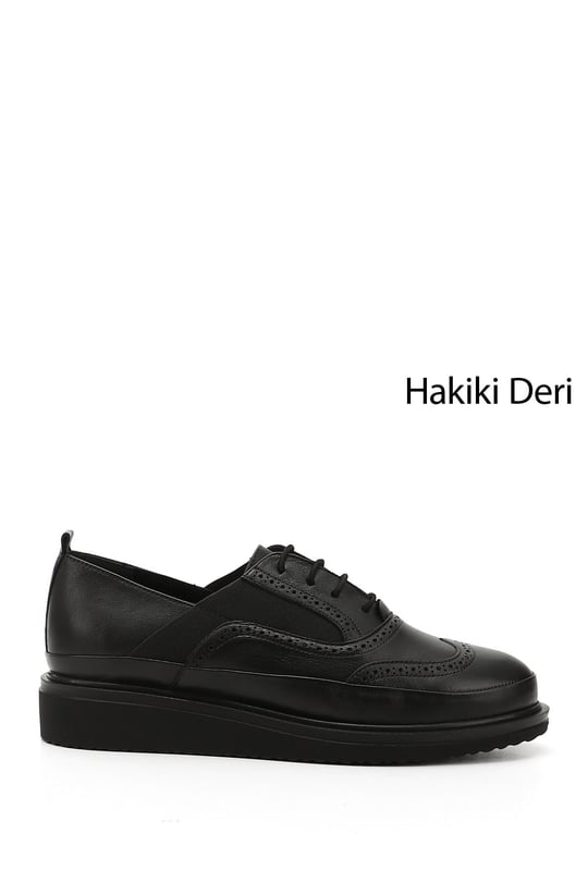 Kadın Siyah Bağcıklı Dolgu Taban Hakiki Deri Ayakkabı