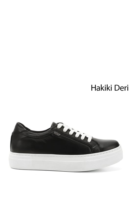 Kadın Siyah Bağcıklı Dolgu Taban Hakiki Deri Sneaker
