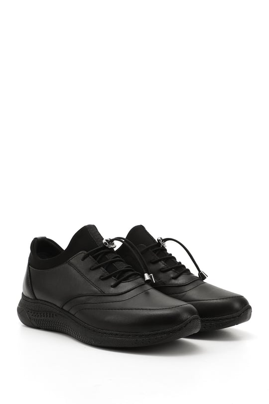 Kadın Siyah Bağcıklı Dolgu Taban Hakiki Deri Sneaker