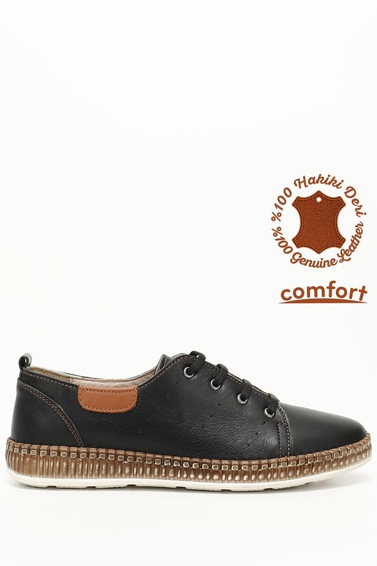 Kadın Siyah Bağcıklı Hakiki Deri Comfort Ayakkabı