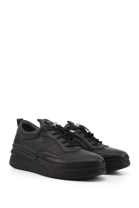 Women's Black Lace-up Genuine Leather Sneaker