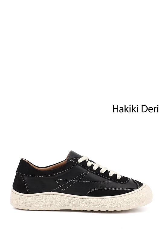 Kadın Siyah Bağcıklı Hakiki Deri Sneaker