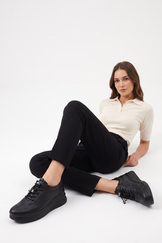 Women's Black Lace-up Genuine Leather Sneaker