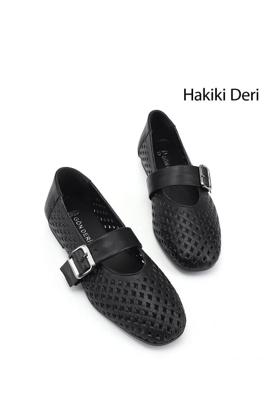 Kadın Siyah Baskılı Mary Jane Hakiki Deri Babet