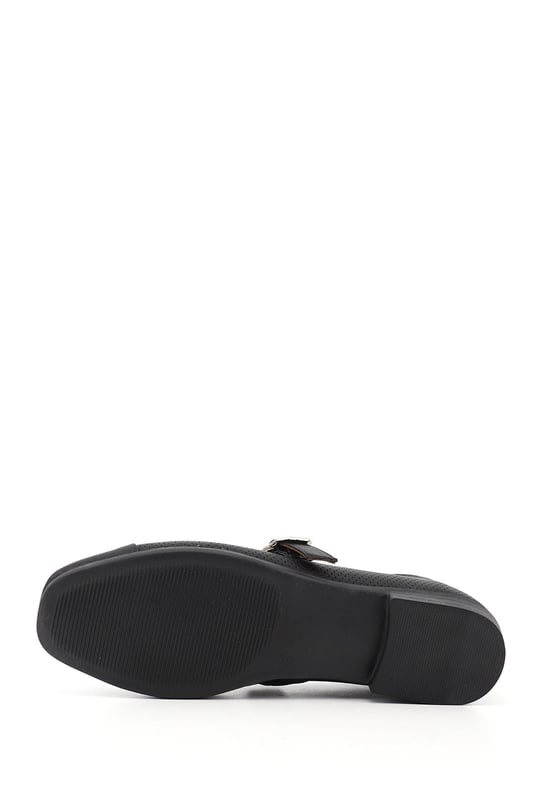 Women's Black Genuine Leather Ballerina Shoes with Ankle Straps
