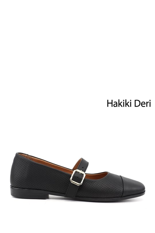 Women's Black Genuine Leather Ballerina Shoes with Ankle Straps