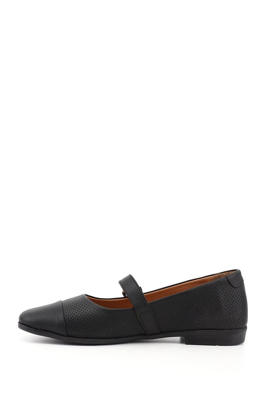 Women's Black Genuine Leather Ballerina Shoes with Ankle Straps