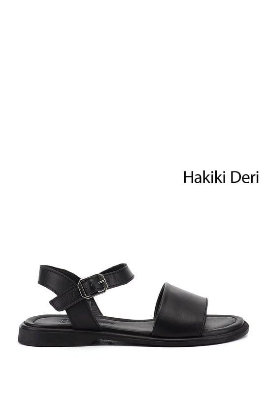 Kadın Siyah Tokalı Bantlı Hakiki Deri Sandalet