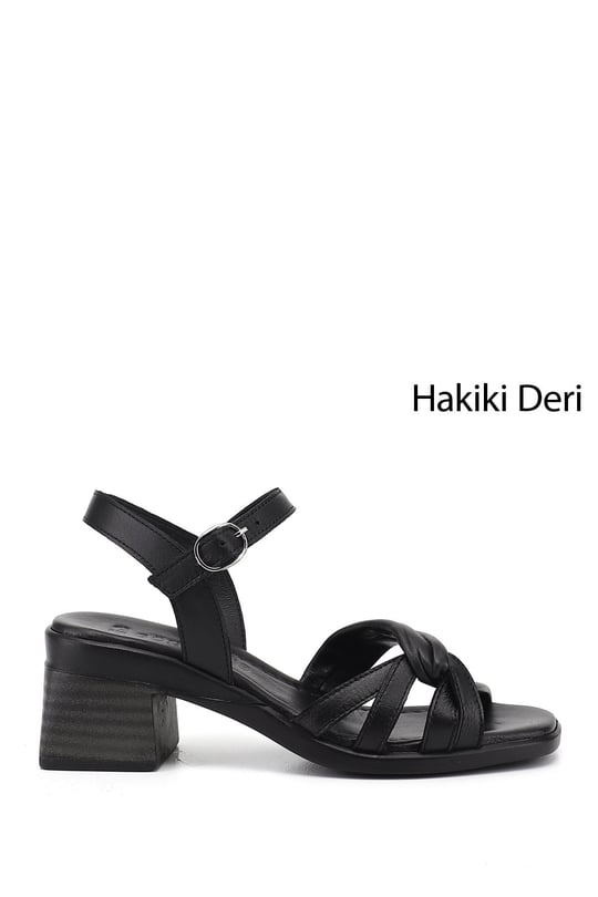 Kadın Siyah Bilek Bağlı Kalın Topuklu Hakiki Deri Sandalet