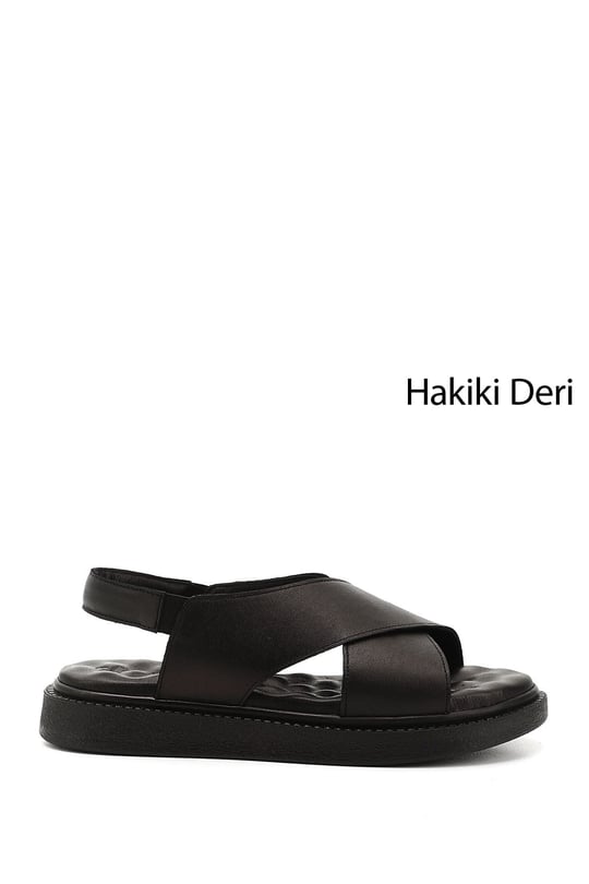 Kadın Siyah Çapraz Bantlı Dolgu Taban Hakiki Deri Comfort Sandalet
