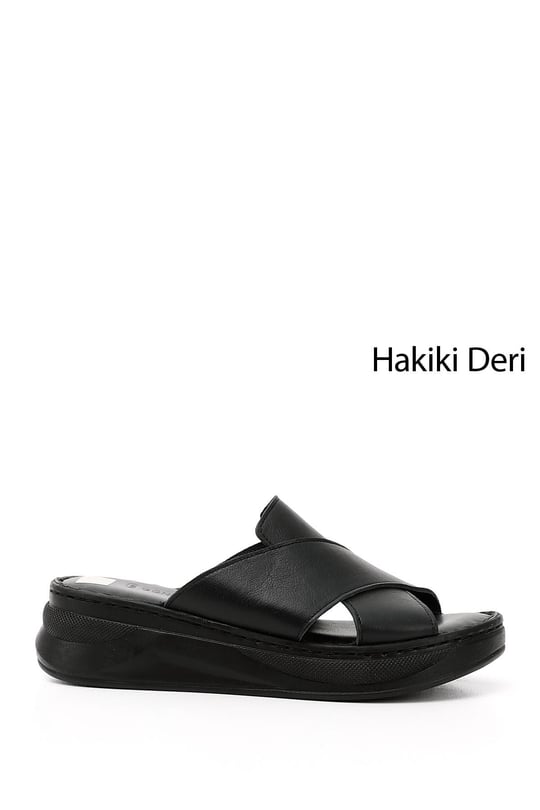 Kadın Siyah Çapraz Bantlı Dolgu Topuk Hakiki Deri Comfort Terlik