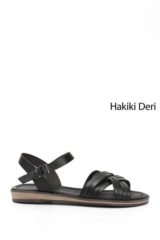 Kadın Siyah Çapraz Bantlı Hakiki Deri Sandalet