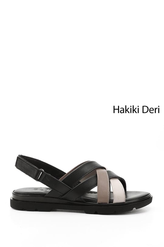 Kadın Siyah Çapraz Bantlı Hakiki Deri Sandalet