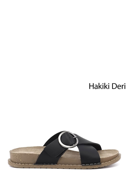Kadın Siyah Çapraz Bantlı Hakiki Deri Terlik