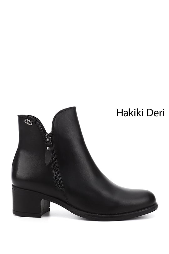 Kadın Siyah Çift Fermuarlı Kalın Topuklu Hakiki Deri Bot