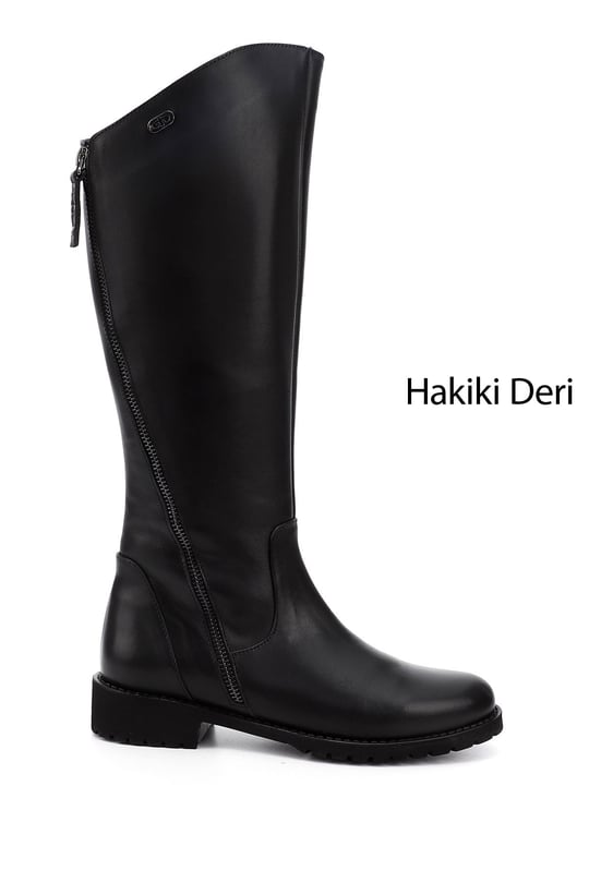Kadın Siyah Çift Fermuarlı Kauçuk Taban Hakiki Deri Çizme
