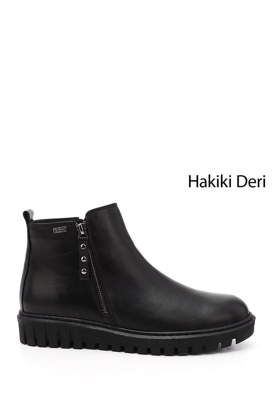Kadın Siyah Çift Fermuarlı Termo Taban Hakiki Deri Bot