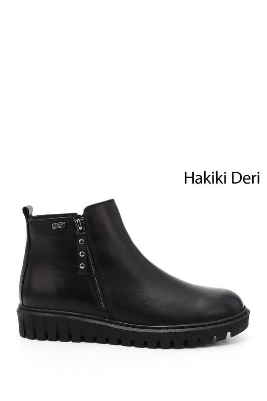 Kadın Siyah Çift Fermuarlı Termo Taban Hakiki Deri Bot