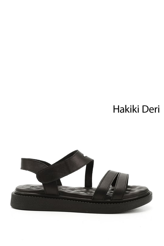 Kadın Siyah Cırt Bantlı Dolgu Taban Hakiki Deri Comfort Sandalet