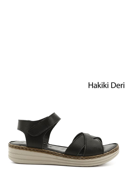 Kadın Siyah Cırt Bantlı Dolgu Topuk Hakiki Deri Comfort Sandalet