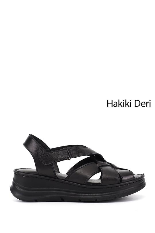 Kadın Siyah Cırt Bantlı Dolgu Topuk Hakiki Deri Sandalet