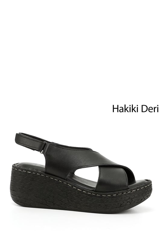 Kadın Siyah Cırt Bantlı Dolgu Topuk Hakiki Deri Sandalet