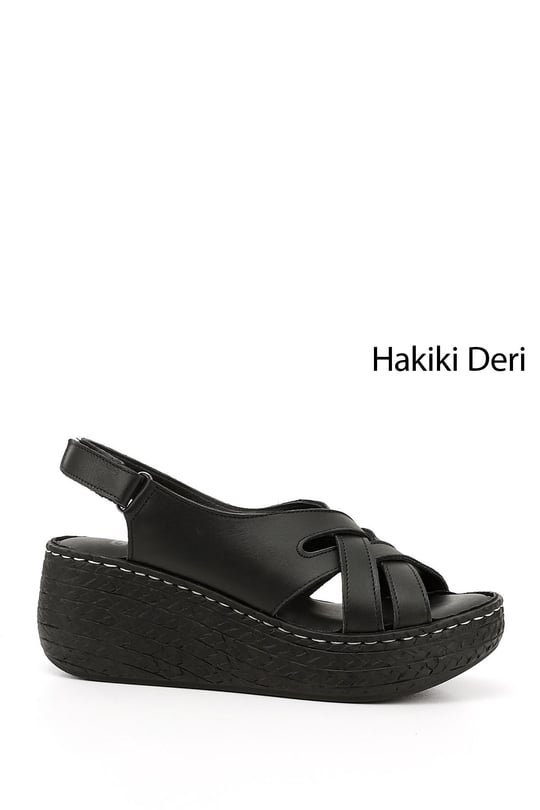 Kadın Siyah Cırt Bantlı Dolgu Topuk Hakiki Deri Sandalet