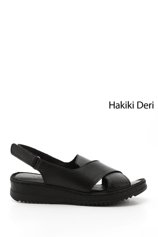 Kadın Siyah Cırt Bantlı Dolgu Topuk Hakiki Deri Sandalet