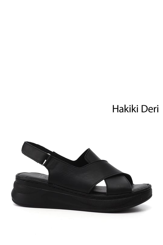 Kadın Siyah Cırt Bantlı Dolgu Topuk Hakiki Deri Comfort Sandalet