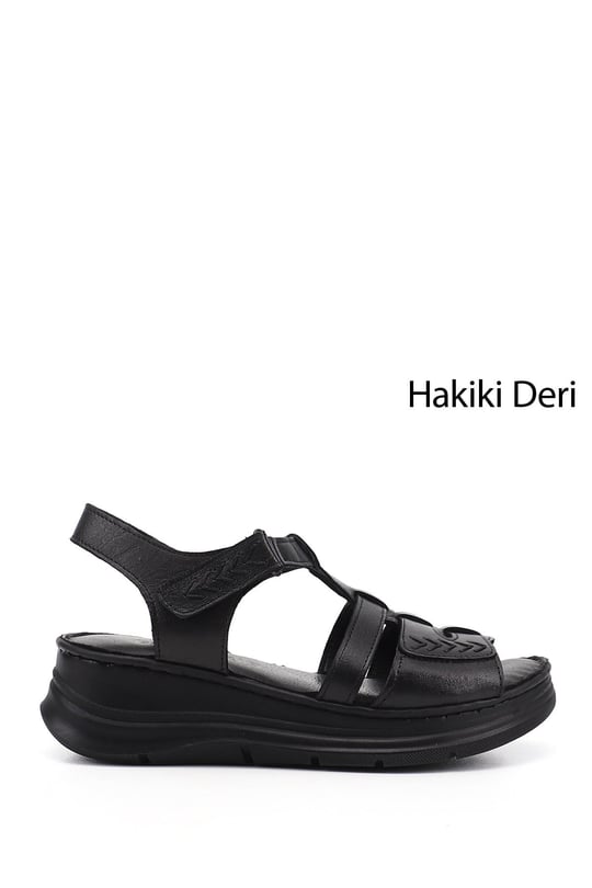 Kadın Siyah Cırt Bantlı Dolgu Topuk Hakiki Deri Sandalet