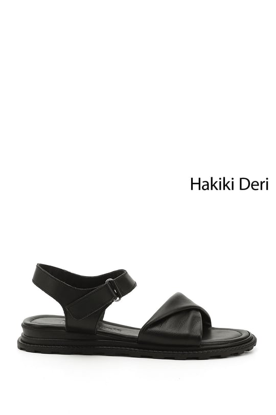 Kadın Siyah Cırt Bantlı Hakiki Deri Sandalet