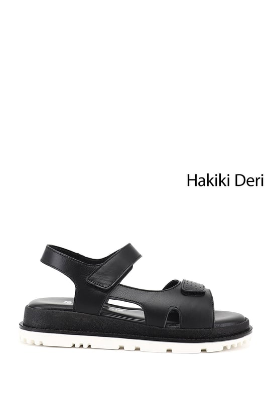 Kadın Siyah Cırt Bantlı Hakiki Deri Sandalet