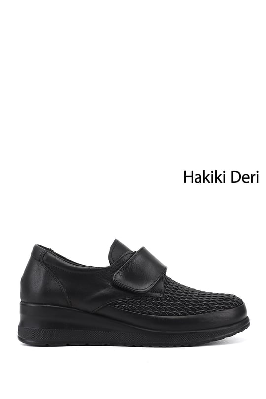 Kadın Siyah Cırtlı Hakiki Deri Comfort Ayakkabı
