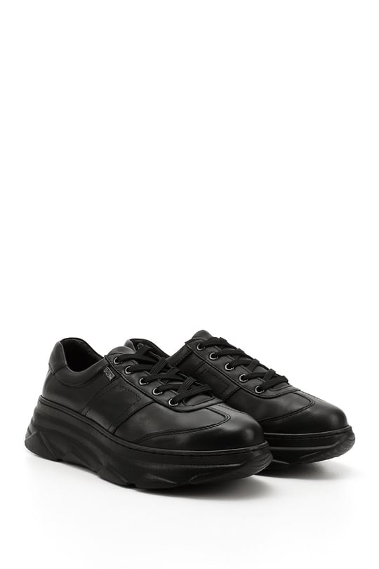 Women's Black Wedge Sole Lace-Up Genuine Leather Sneakers