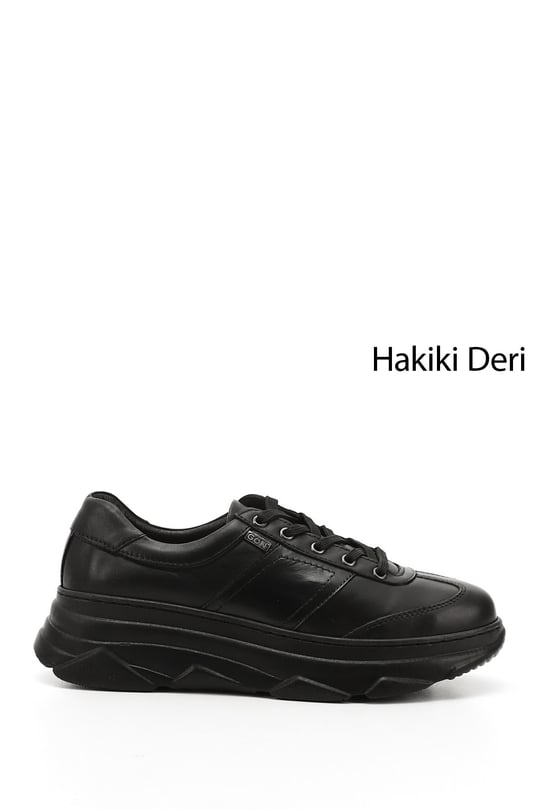Women's Black Wedge Sole Lace-Up Genuine Leather Sneakers