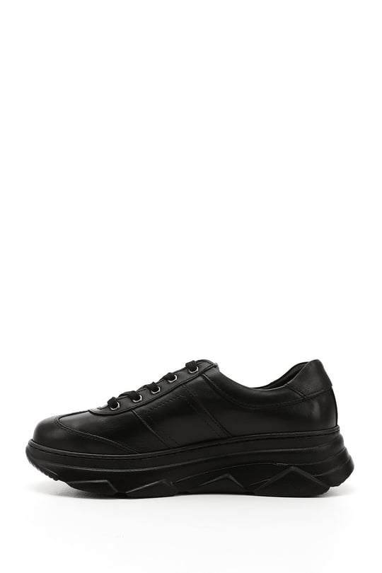 Women's Black Wedge Sole Lace-Up Genuine Leather Sneakers