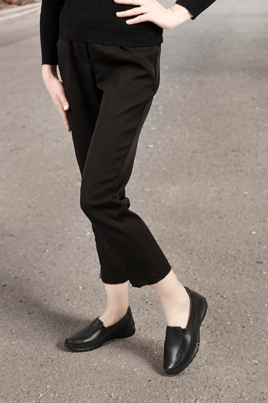 Women's Black Wedge Sole Genuine Leather Shoes