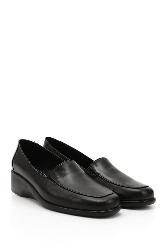 Women's Black Wedge Sole Genuine Leather Shoes