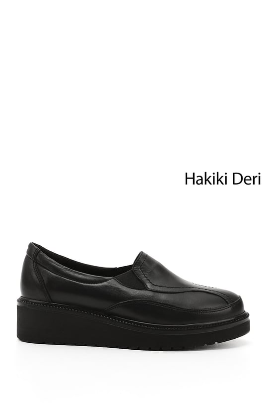 Kadın Siyah Dolgu Taban Hakiki Deri Ayakkabı