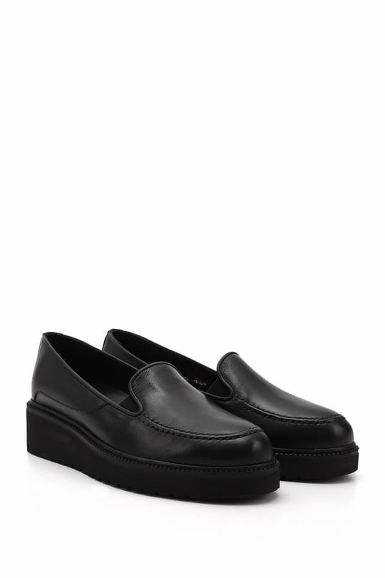 Women's Black Wedge Sole Genuine Leather Shoes