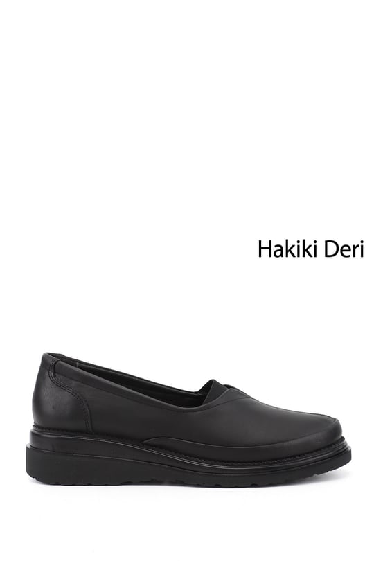 Kadın Siyah Dolgu Taban Hakiki Deri Ayakkabı
