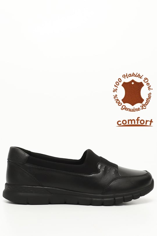 Kadın Siyah Dolgu Taban Hakiki Deri Comfort  Ayakkabı