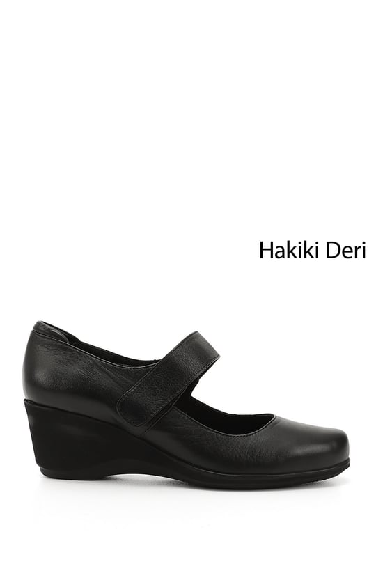 Women's Black Wedge Sole Genuine Leather Shoes