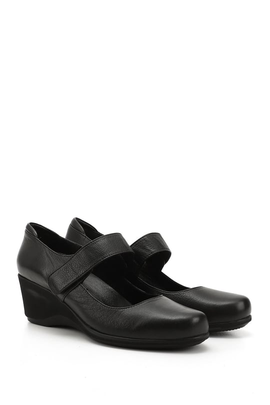 Women's Black Wedge Sole Genuine Leather Shoes