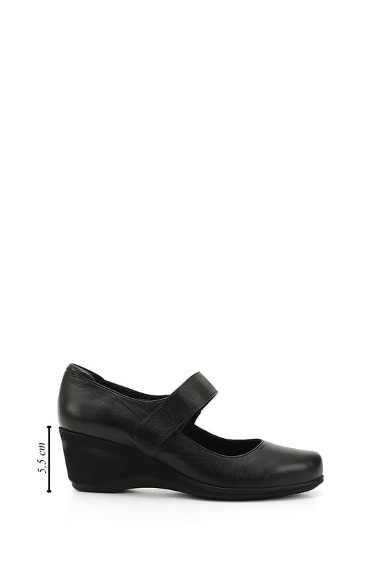 Women's Black Wedge Sole Genuine Leather Shoes