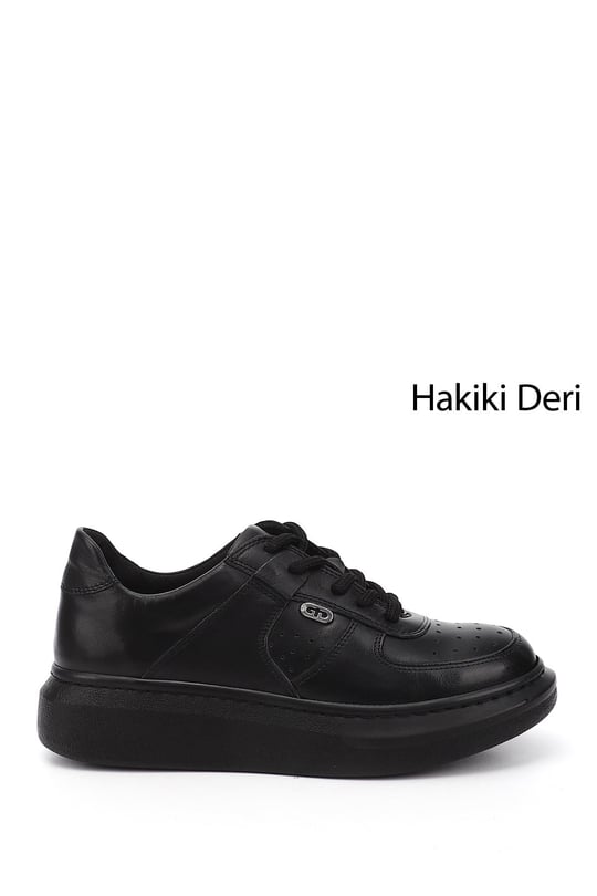 Kadın Siyah Dolgu Taban Hakiki Deri Sneaker