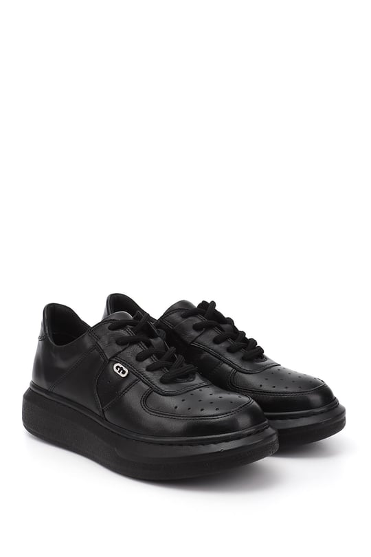 Kadın Siyah Dolgu Taban Hakiki Deri Sneaker