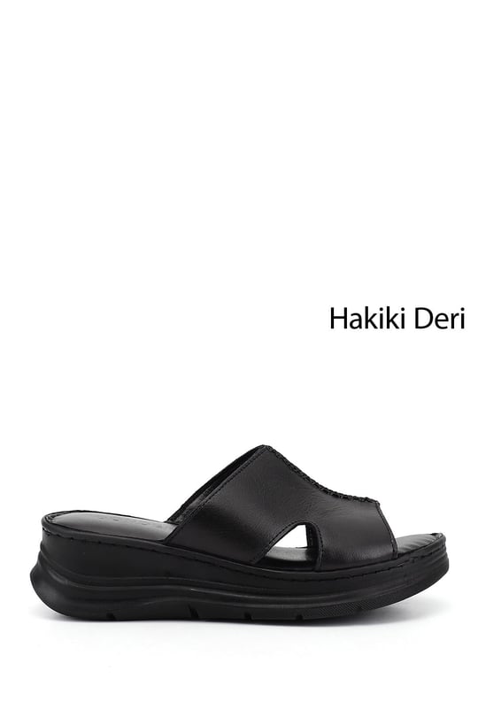 Kadın Siyah Dolgu Taban Hakiki Deri Terlik